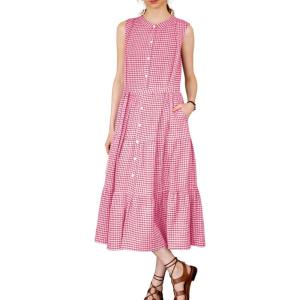 image:imagechouyatou Women Summer Boho Button Down Gingham Dress Business Casual Cotton Flowy Plaid Midi Shirt DressPink