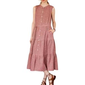 image:imagechouyatou Women Summer Boho Button Down Gingham Dress Business Casual Cotton Flowy Plaid Midi Shirt DressRed