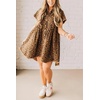 image:imagechouyatou Women Short Sleeve Babydoll Shirt Dress Leopard Print Button Down Lapel Midi Dress with PocketsBrown