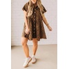 image:imagechouyatou Women Short Sleeve Babydoll Shirt Dress Leopard Print Button Down Lapel Midi Dress with PocketsBrown