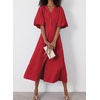image:imagechouyatou Women Summer Puff Sleeve Button Down Shirt Dress Flowy Elegant Business Casual Midi Long DressRed