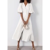 image:imagechouyatou Women Summer Puff Sleeve Button Down Shirt Dress Flowy Elegant Business Casual Midi Long DressWhite