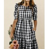 image:imagechouyatou Womens Puff Short Sleeve Gingham Midi Long Dress Retro Plaid Ruffle Tiered Dress Boho High Low Party DressesBlack