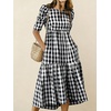 image:imagechouyatou Womens Puff Short Sleeve Gingham Midi Long Dress Retro Plaid Ruffle Tiered Dress Boho High Low Party DressesBlack