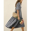 image:imagechouyatou Womens Puff Short Sleeve Gingham Midi Long Dress Retro Plaid Ruffle Tiered Dress Boho High Low Party DressesBlack