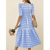image:imagechouyatou Womens Puff Short Sleeve Gingham Midi Long Dress Retro Plaid Ruffle Tiered Dress Boho High Low Party DressesBlue