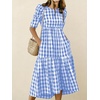 image:imagechouyatou Womens Puff Short Sleeve Gingham Midi Long Dress Retro Plaid Ruffle Tiered Dress Boho High Low Party DressesBlue