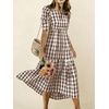 image:imagechouyatou Womens Puff Short Sleeve Gingham Midi Long Dress Retro Plaid Ruffle Tiered Dress Boho High Low Party DressesCoffee