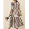 image:imagechouyatou Womens Puff Short Sleeve Gingham Midi Long Dress Retro Plaid Ruffle Tiered Dress Boho High Low Party DressesCoffee