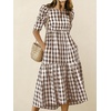 image:imagechouyatou Womens Puff Short Sleeve Gingham Midi Long Dress Retro Plaid Ruffle Tiered Dress Boho High Low Party DressesCoffee