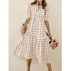 image:imagechouyatou Womens Puff Short Sleeve Gingham Midi Long Dress Retro Plaid Ruffle Tiered Dress Boho High Low Party DressesKhaki