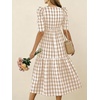 image:imagechouyatou Womens Puff Short Sleeve Gingham Midi Long Dress Retro Plaid Ruffle Tiered Dress Boho High Low Party DressesKhaki