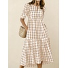 image:imagechouyatou Womens Puff Short Sleeve Gingham Midi Long Dress Retro Plaid Ruffle Tiered Dress Boho High Low Party DressesKhaki