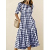image:imagechouyatou Womens Puff Short Sleeve Gingham Midi Long Dress Retro Plaid Ruffle Tiered Dress Boho High Low Party DressesNavy