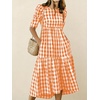 image:imagechouyatou Womens Puff Short Sleeve Gingham Midi Long Dress Retro Plaid Ruffle Tiered Dress Boho High Low Party DressesOrange