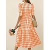 image:imagechouyatou Womens Puff Short Sleeve Gingham Midi Long Dress Retro Plaid Ruffle Tiered Dress Boho High Low Party DressesOrange