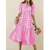 image:imagechouyatou Womens Puff Short Sleeve Gingham Midi Long Dress Retro Plaid Ruffle Tiered Dress Boho High Low Party DressesPink