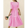 image:imagechouyatou Womens Puff Short Sleeve Gingham Midi Long Dress Retro Plaid Ruffle Tiered Dress Boho High Low Party DressesPink