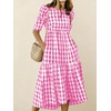 image:imagechouyatou Womens Puff Short Sleeve Gingham Midi Long Dress Retro Plaid Ruffle Tiered Dress Boho High Low Party DressesPink