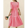 image:imagechouyatou Womens Puff Short Sleeve Gingham Midi Long Dress Retro Plaid Ruffle Tiered Dress Boho High Low Party DressesRed