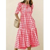 image:imagechouyatou Womens Puff Short Sleeve Gingham Midi Long Dress Retro Plaid Ruffle Tiered Dress Boho High Low Party DressesRed
