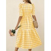 image:imagechouyatou Womens Puff Short Sleeve Gingham Midi Long Dress Retro Plaid Ruffle Tiered Dress Boho High Low Party DressesYellow