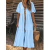 image:imagechouyatou Womens Summer Boho Deep V Neck Cotton Linen Dress Tiered Short Sleeve Swing Beach Midi DressBlue