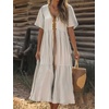 image:imagechouyatou Womens Summer Boho Deep V Neck Cotton Linen Dress Tiered Short Sleeve Swing Beach Midi DressKhaki