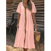 image:imagechouyatou Womens Summer Boho Deep V Neck Cotton Linen Dress Tiered Short Sleeve Swing Beach Midi DressPink