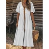 image:imagechouyatou Womens Summer Boho Deep V Neck Cotton Linen Dress Tiered Short Sleeve Swing Beach Midi DressWhite