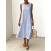 image:imagechouyatou Womens Summer Cotton Striped Midi Long Dress Boho Loose Fit Beach Party Tank Sun Dress with PocketsBlue
