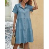 image:imagechouyatou Womens Summer Short Sleeve Button Down Denim Shirt Dress Lapel Ruffle Hem Babydoll Jean Midi DressBlue