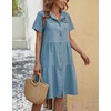 image:imagechouyatou Womens Summer Short Sleeve Button Down Denim Shirt Dress Lapel Ruffle Hem Babydoll Jean Midi DressBlue