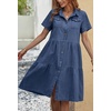 image:imagechouyatou Womens Summer Short Sleeve Button Down Denim Shirt Dress Lapel Ruffle Hem Babydoll Jean Midi DressDark Blue