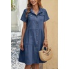 image:imagechouyatou Womens Summer Short Sleeve Button Down Denim Shirt Dress Lapel Ruffle Hem Babydoll Jean Midi DressDark Blue