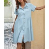 image:imagechouyatou Womens Summer Short Sleeve Button Down Denim Shirt Dress Lapel Ruffle Hem Babydoll Jean Midi DressLight Blue