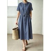 image:imagechouyatou Womens Summer Short Sleeve Cotton Dress Crew Neck Flare Striped Midi Shirt Dress with PocketsDark Blue
