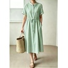 image:imagechouyatou Womens Summer Short Sleeve Cotton Dress Crew Neck Flare Striped Midi Shirt Dress with PocketsGreen