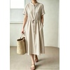 image:imagechouyatou Womens Summer Short Sleeve Cotton Dress Crew Neck Flare Striped Midi Shirt Dress with PocketsKhaki