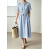 image:imagechouyatou Womens Summer Short Sleeve Cotton Dress Crew Neck Flare Striped Midi Shirt Dress with PocketsLight Blue