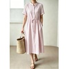 image:imagechouyatou Womens Summer Short Sleeve Cotton Dress Crew Neck Flare Striped Midi Shirt Dress with PocketsPink