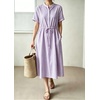 image:imagechouyatou Womens Summer Short Sleeve Cotton Dress Crew Neck Flare Striped Midi Shirt Dress with PocketsPurple