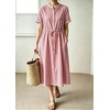 image:imagechouyatou Womens Summer Short Sleeve Cotton Dress Crew Neck Flare Striped Midi Shirt Dress with PocketsRed