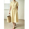 image:imagechouyatou Womens Summer Short Sleeve Cotton Dress Crew Neck Flare Striped Midi Shirt Dress with PocketsYellow