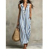 image:imagechouyatou Womens Summer Striped Cotton Linen Dress Beach Boho Sleeveless Ruffle Trim Maxi Long SundressBlue