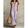 image:imagechouyatou Womens Summer Striped Cotton Linen Dress Beach Boho Sleeveless Ruffle Trim Maxi Long SundressPurple