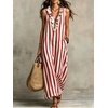 image:imagechouyatou Womens Summer Striped Cotton Linen Dress Beach Boho Sleeveless Ruffle Trim Maxi Long SundressRed