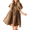 image:imagechouyatou Women Short Sleeve Babydoll Shirt Dress Leopard Print Button Down Lapel Midi Dress with PocketsBrown