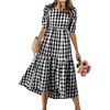 image:imagechouyatou Womens Puff Short Sleeve Gingham Midi Long Dress Retro Plaid Ruffle Tiered Dress Boho High Low Party DressesBlack