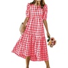 image:imagechouyatou Womens Puff Short Sleeve Gingham Midi Long Dress Retro Plaid Ruffle Tiered Dress Boho High Low Party DressesRed